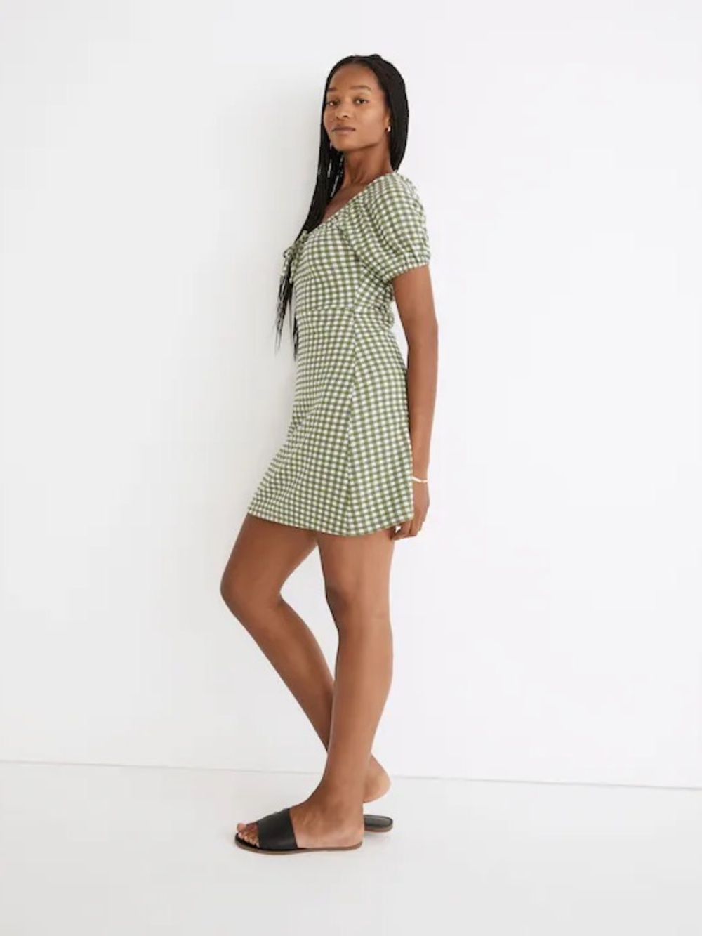 Madewell Green & White Gingham Mini Dress with Puff Sleeves - Picture 4 of 6
